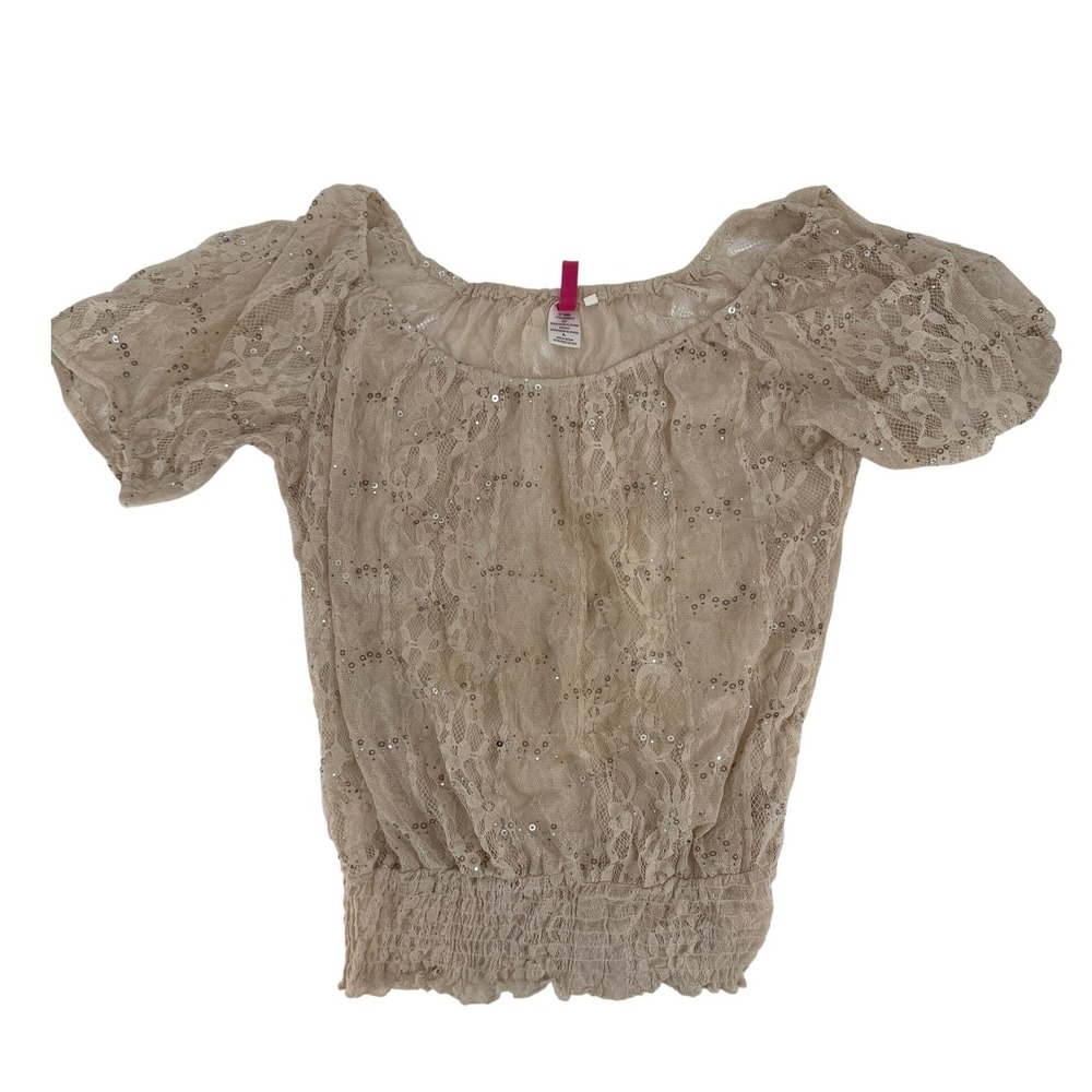 Heart Soul Y2K Lace Sequin Tan Smocked Waist Short Sleeve Romantic Fairy Top XL - Picture 2 of 7